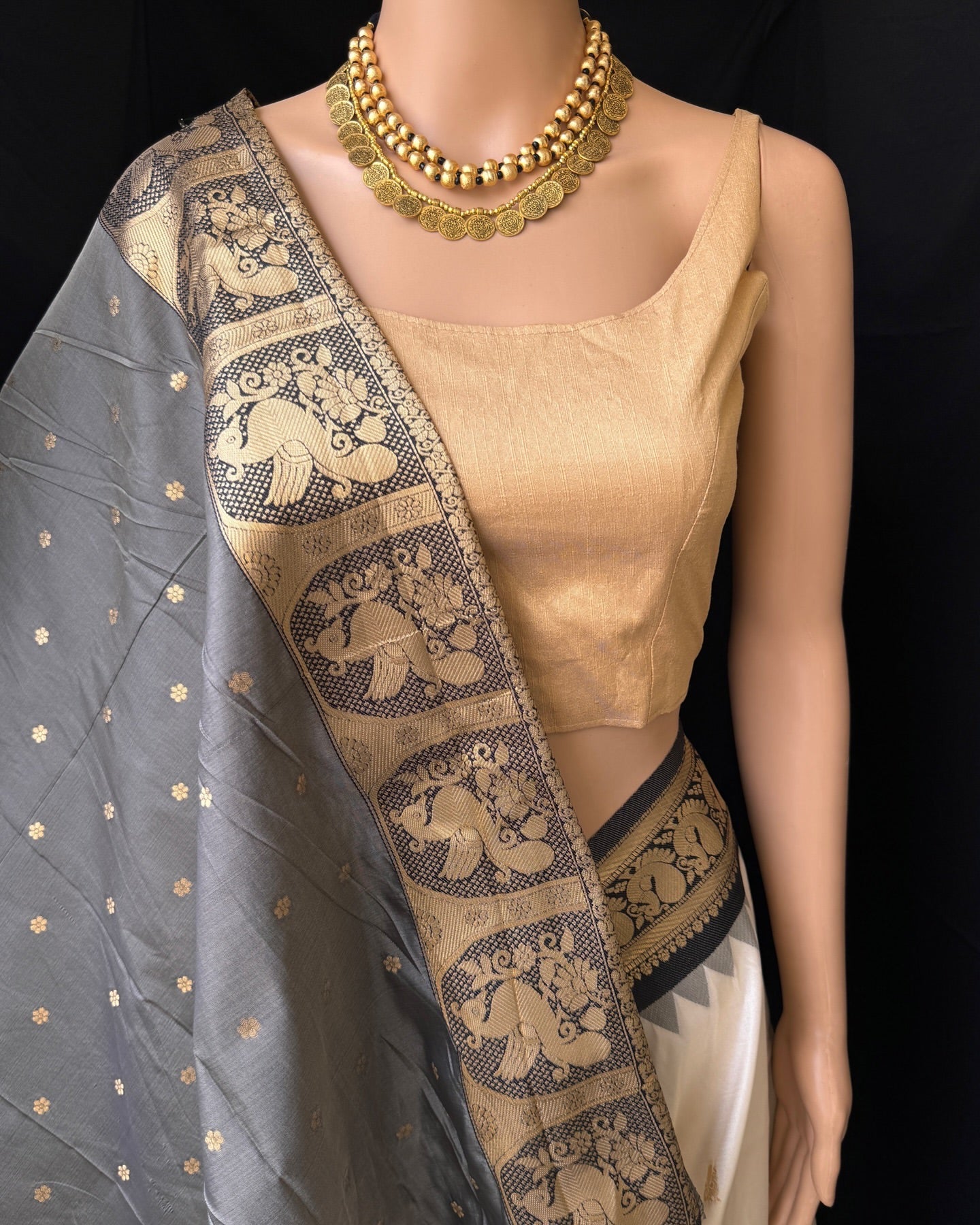 OFF WHITE ART SILK SAREE WITH BLACK BORDER