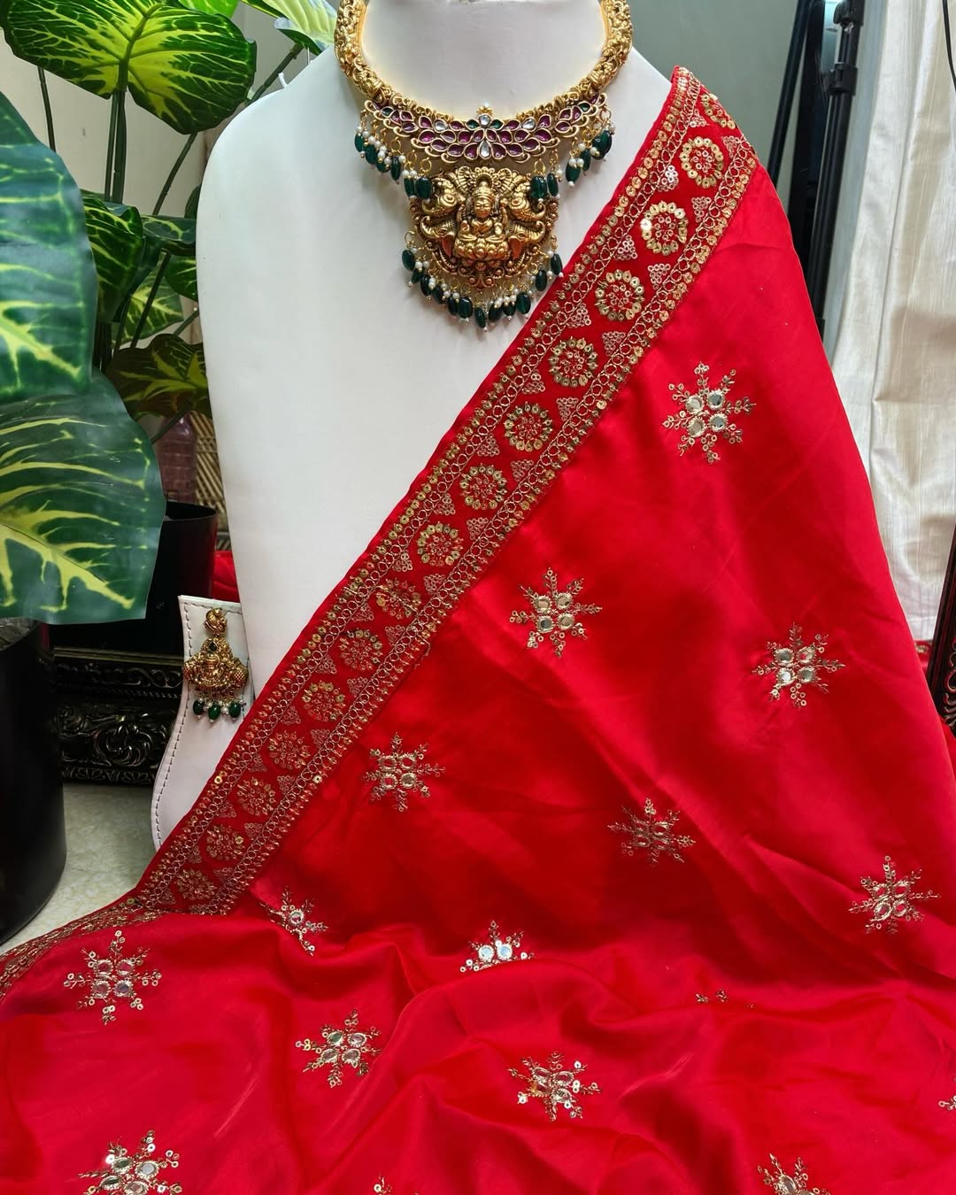 Red Malai Silk With Sequence Lace