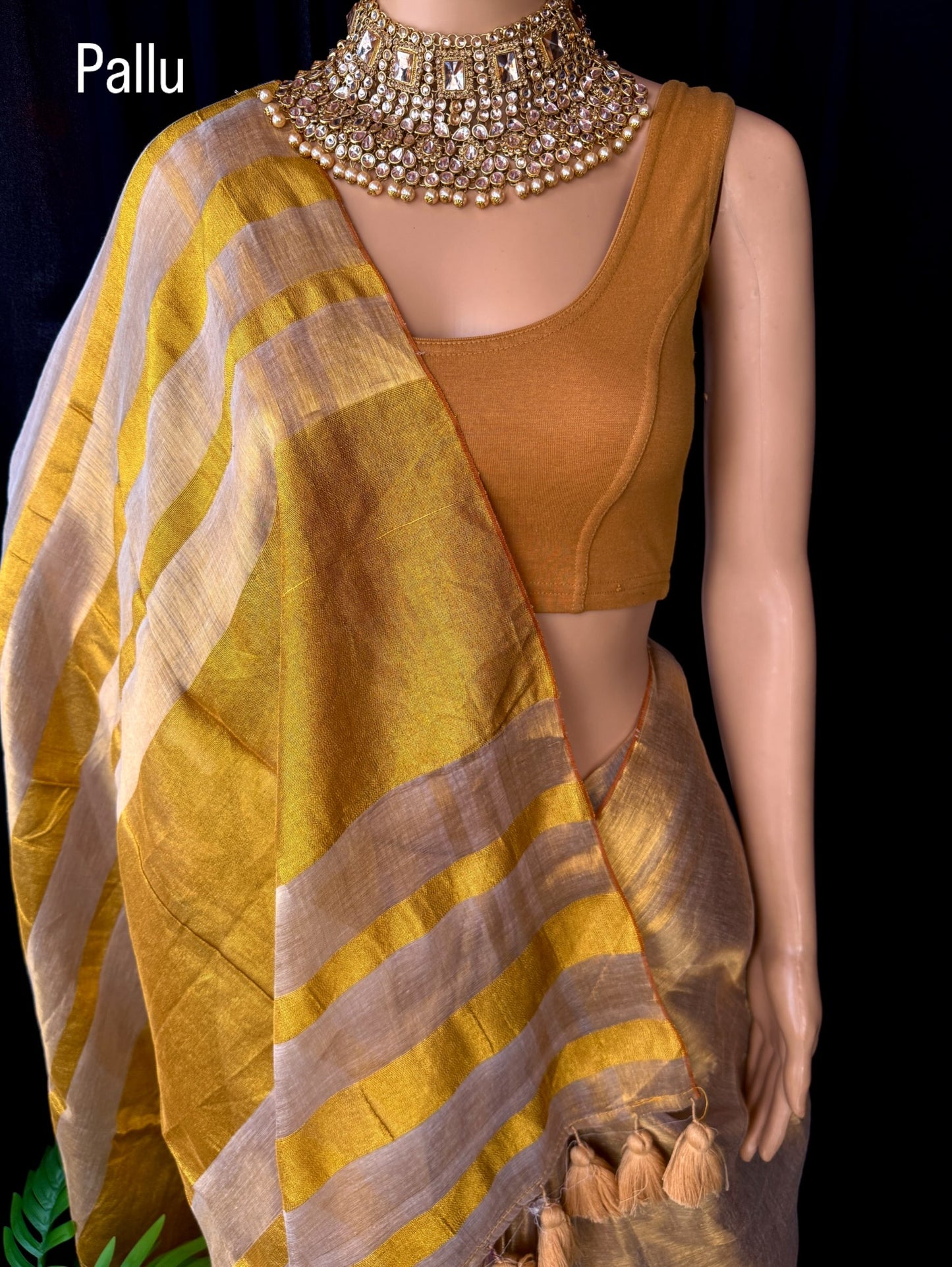 GOLDEN IVORY TISSUE COTTON SAREE WITH GO MEN ZARI WEAVE BORDER