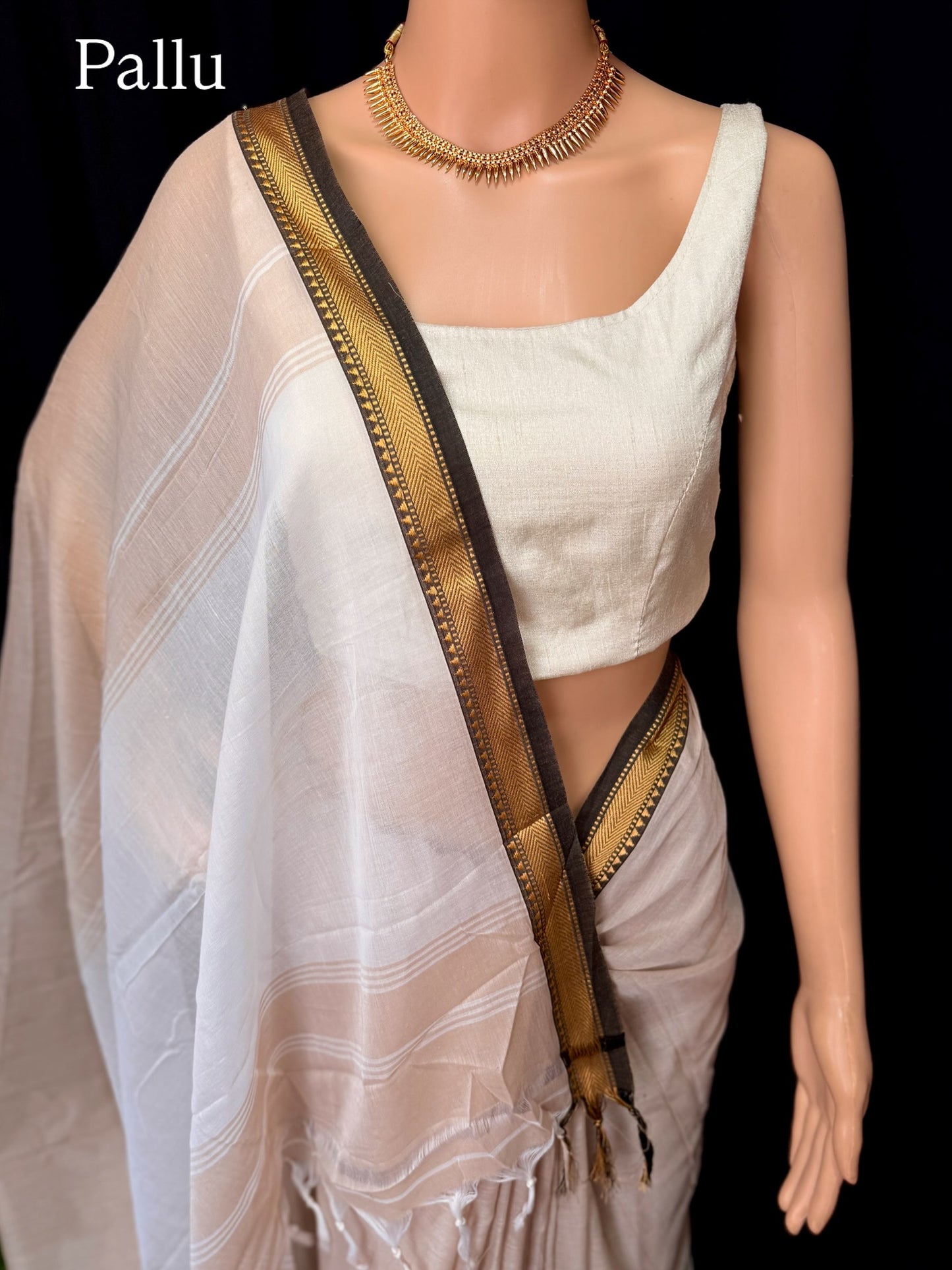 IVORY SOFT COTTON SAREE COMES WITH BLACK BORDER AND GOlDEN THREAD WORK