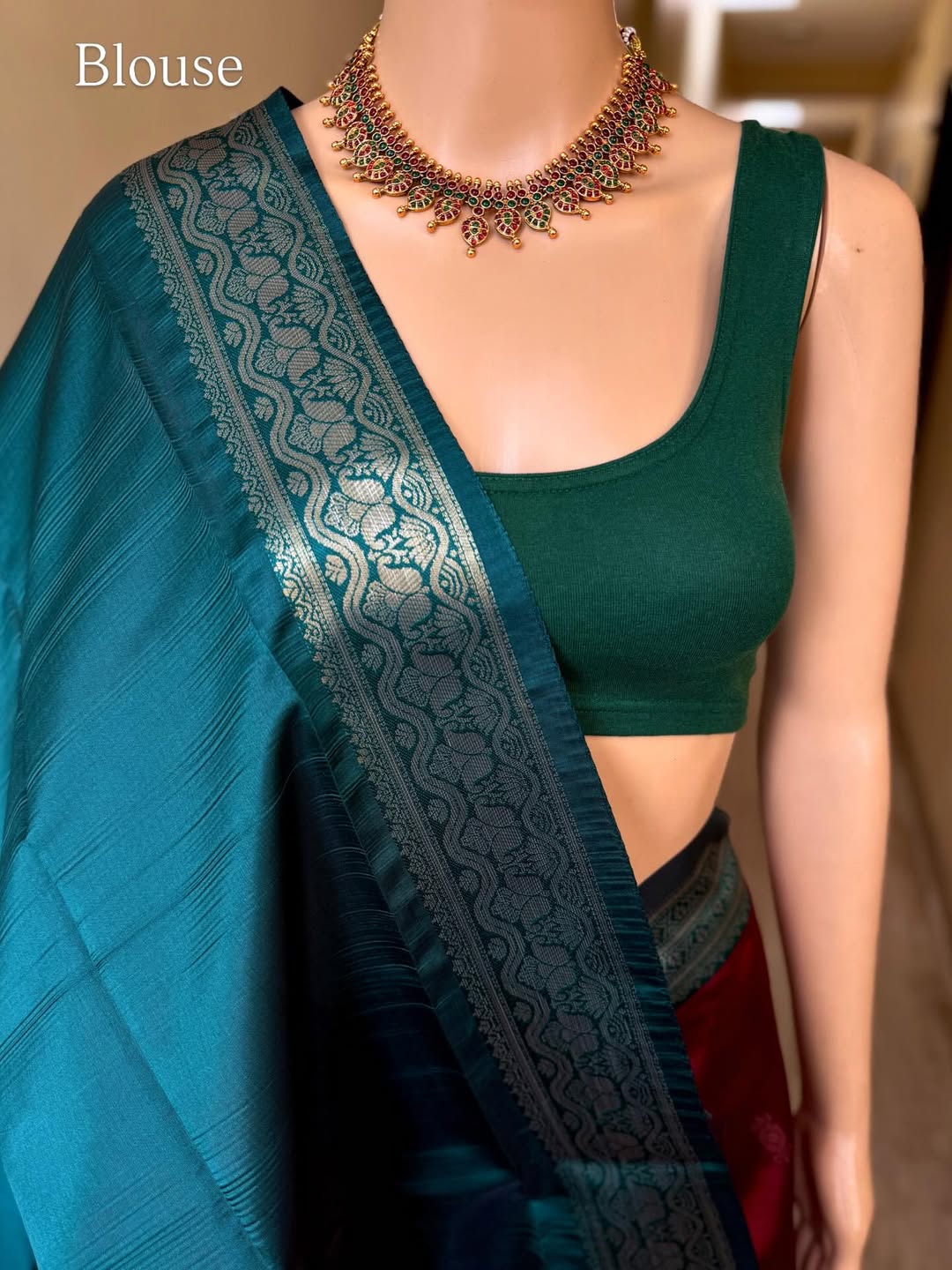 REDDISH MAROON ART SILK SAREE WITH CONTRAST TEAL BLUE SILVER ZARI WEAVE BORDER