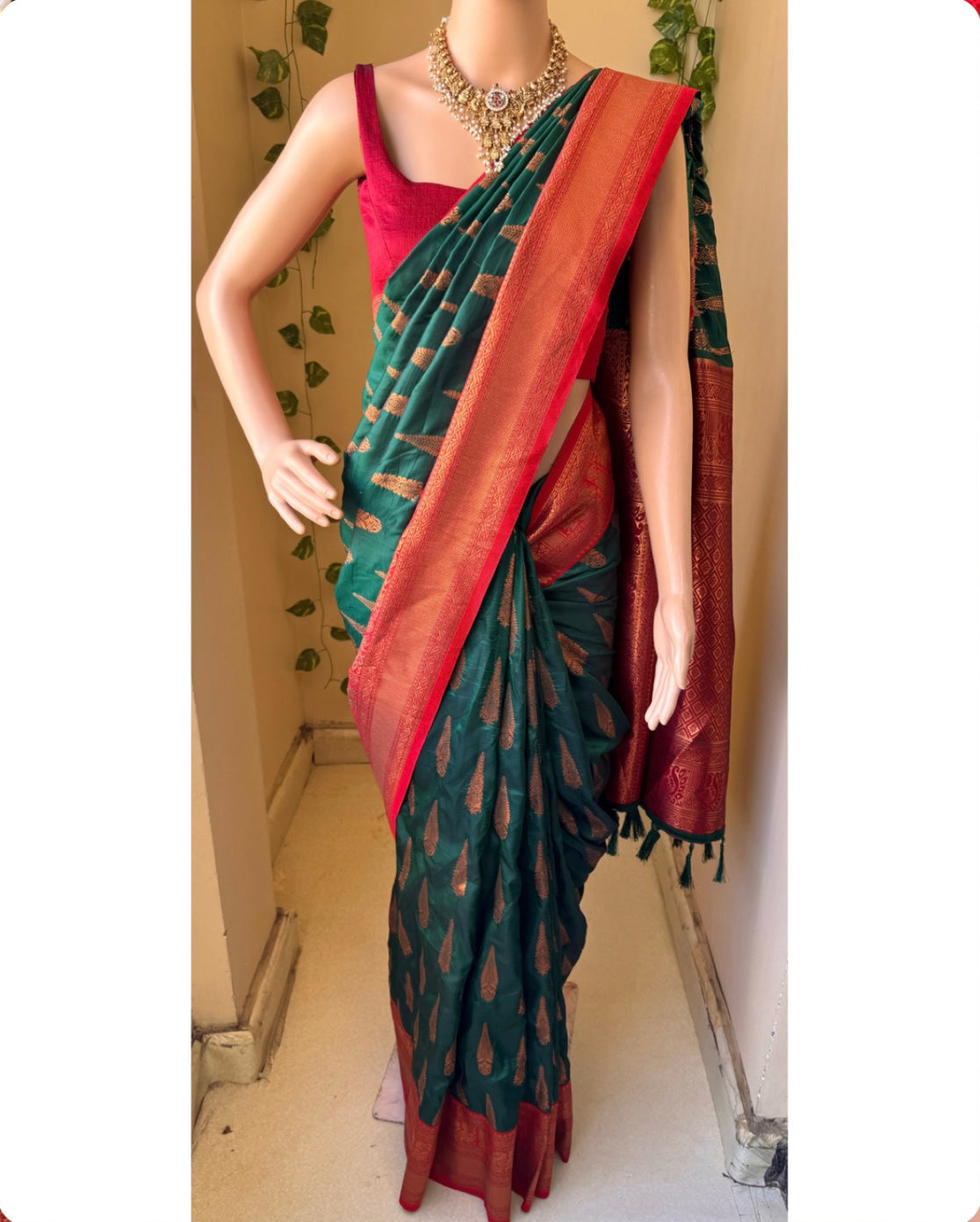 BOTTLE GREEN ART SILK SAREE WITH RED BORDER