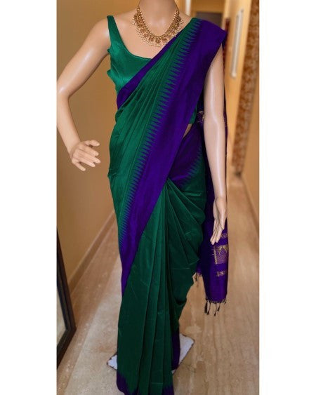 FOREST GREEN COTTON SILK SAREE WITH VIOLET TEMPLE BORDE