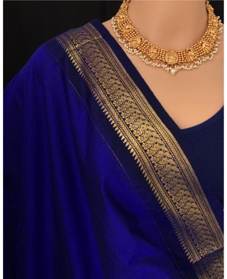 PEAR GREEN COTTON SILK SAREE WITH BLUE BORDER.