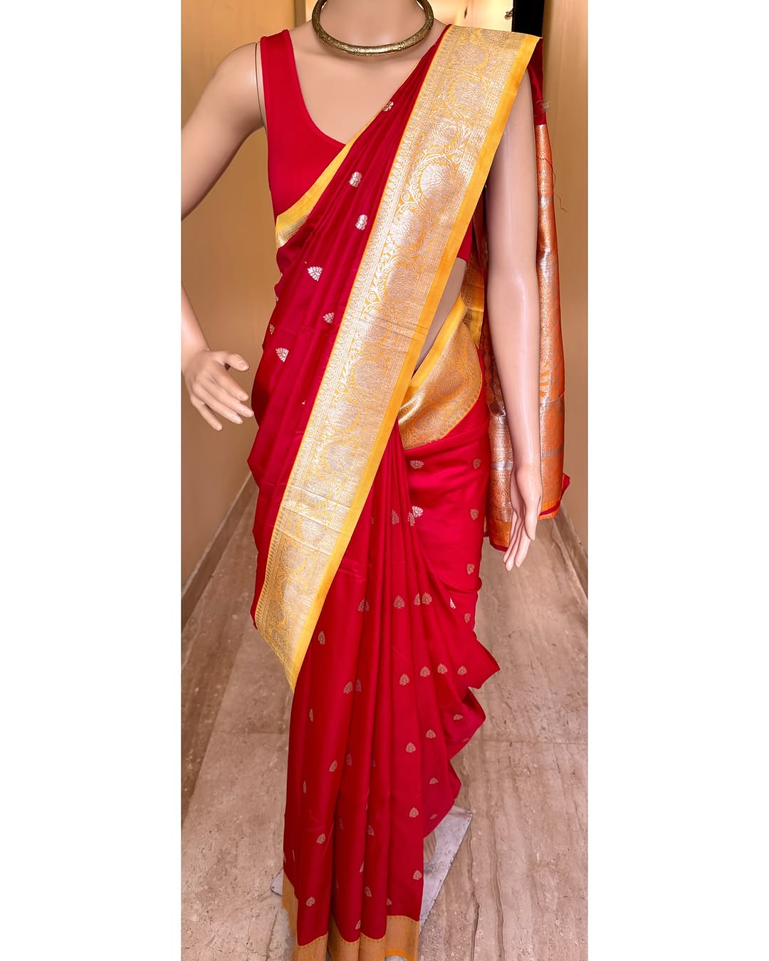 CHILLI RED ART SILK SAREE WITH YELLOW BORDER