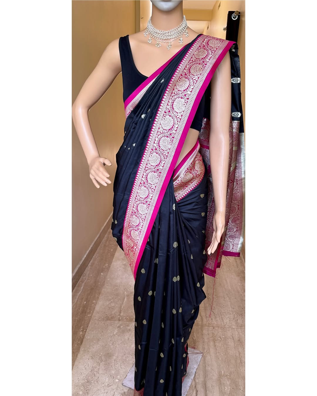 BLACK ART SILK SAREE WITH PINK BORDER
