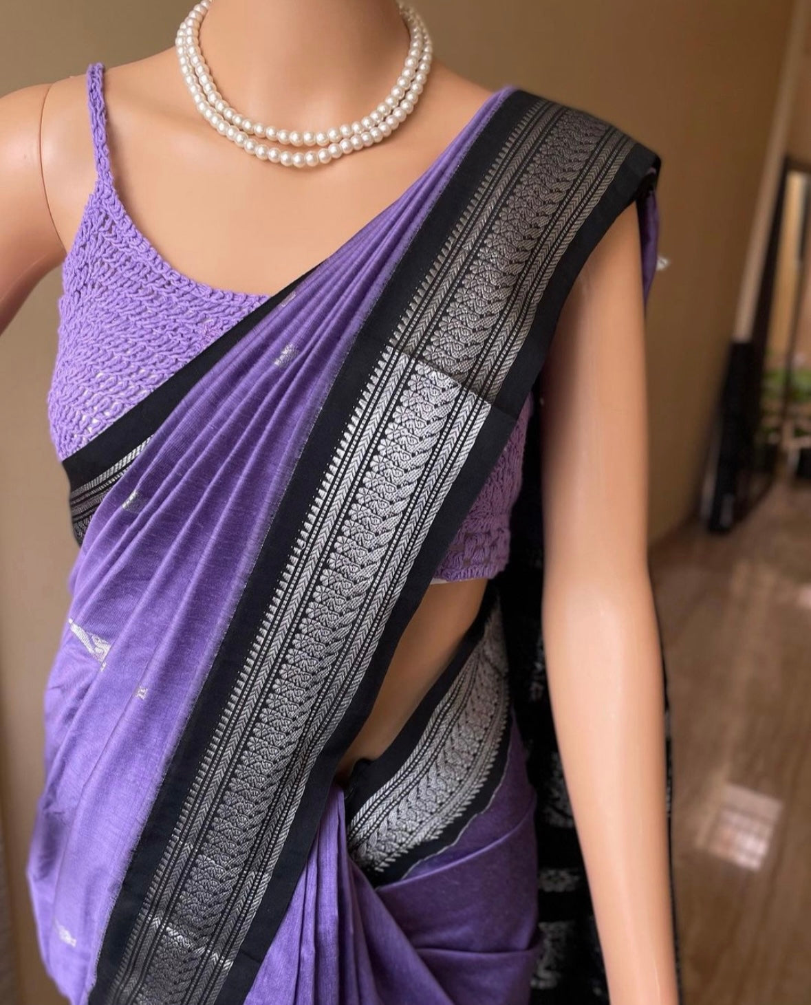PURPLE COTTON SILK SAREE WITH SILVER BORDER