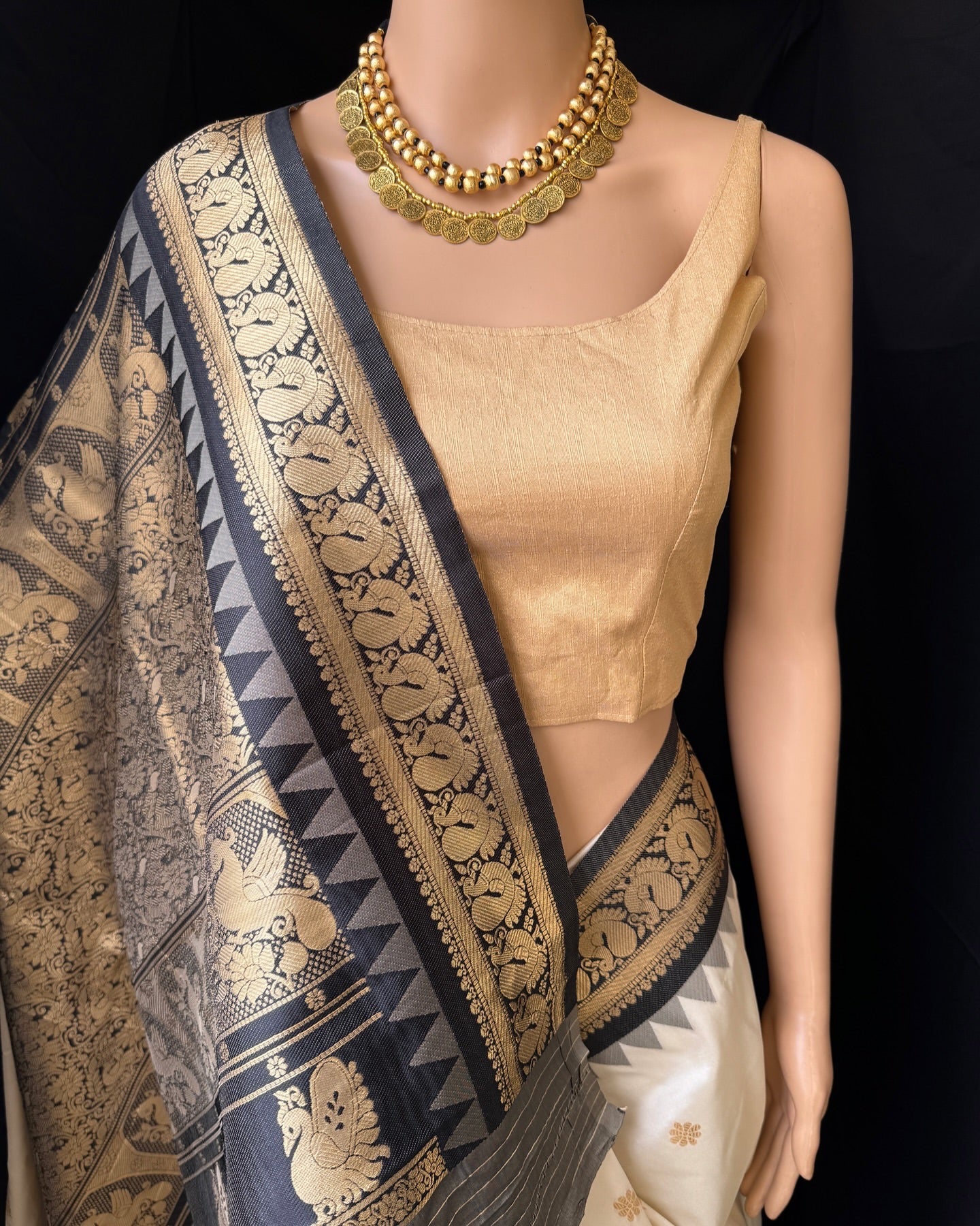 OFF WHITE ART SILK SAREE WITH BLACK BORDER