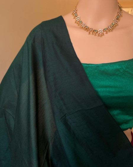 GOLDEN YELLOW COTTON SILK SAREE WITH BOTTLE GREEN TEMPLE BORDER