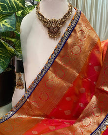 PINK ORANGE SATIN SAREE WITH BLUE LACE