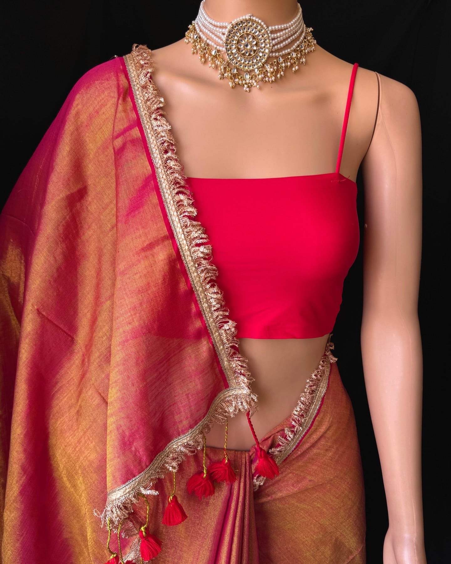 PINK GOLD TISSUE SAREE WITH LACE