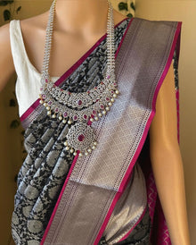 BLACK ART SILK SAREE WITH PINK BORDER