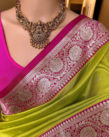 PEAR GREEN ART SILK SAREE WITH PINK BORDER