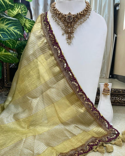 GOLDEN LINEN TISSUE SAREE WITH MAGENTA BORDER