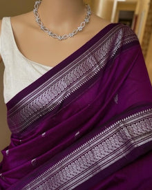 DARK MAGENTA SILK COTTON SAREE WITH SILVER BORDER