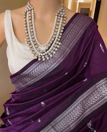 DARK WINE COTTON SILK SAREE WITH SILVER BORDER