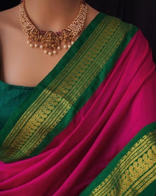 RANI PINK SILK COTTON SAREE WITH GREEN BORDER