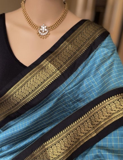 SKY BLUE COTTON SILK SAREE WITH CHECKS