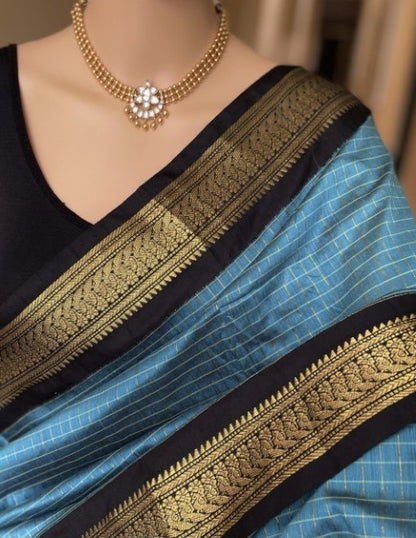 SKY BLUE COTTON SILK SAREE WITH CHECKS