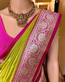 PEAR GREEN ART SILK SAREE WITH PINK BORDER