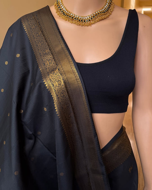 BLACK ART SILK SAREE WITH GOLDEN BORDER