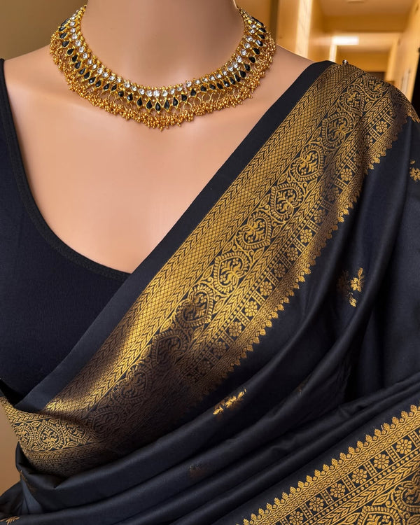 BLACK ART SILK SAREE WITH GOLDEN BORDER