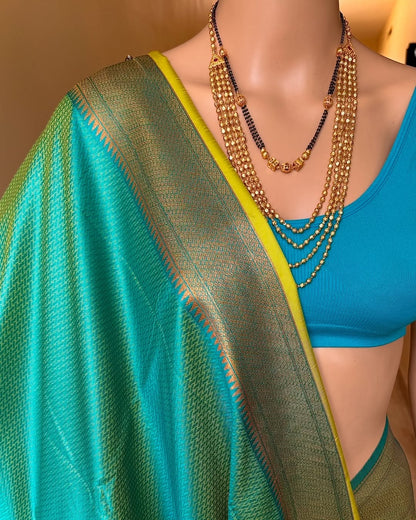 PEAR GREEN CHANDRAKOR ART SILK SAREE WITH TEAL BLUE BORDER