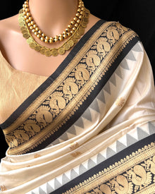 OFF WHITE ART SILK SAREE WITH BLACK BORDER