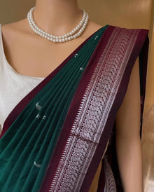 DARK GREEN COTTON SILK SAREE WITH SILVER BORDER