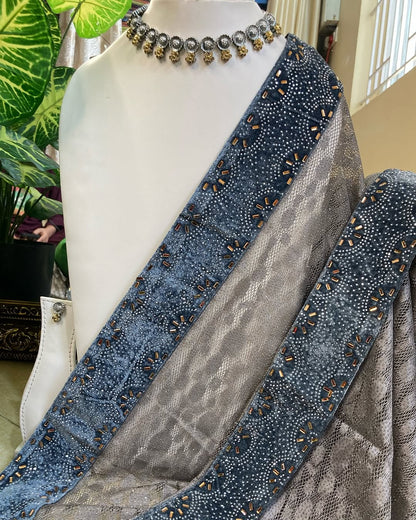 GREY NET SAREE WITH VELVET GREY BORDER