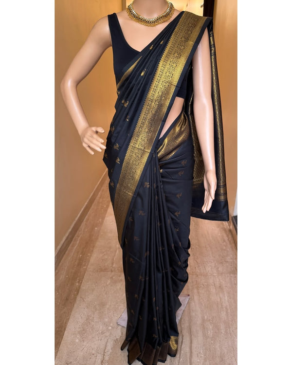 BLACK ART SILK SAREE WITH GOLDEN BORDER