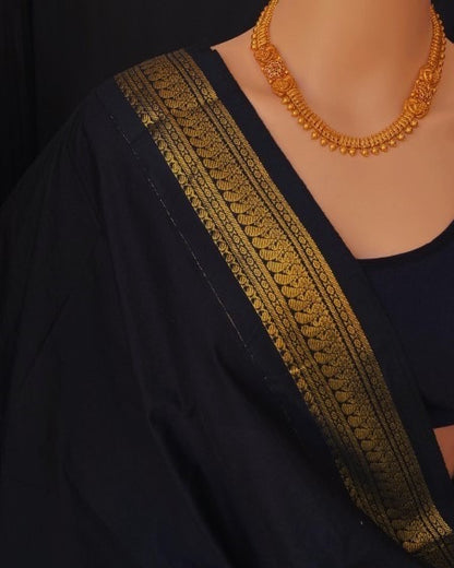 GOLDEN YELLOW  COTON SILK SAREE WITH BLACK BORDER