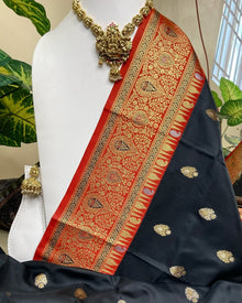 BLACK ART SILK SAREE WITH RED BORDER