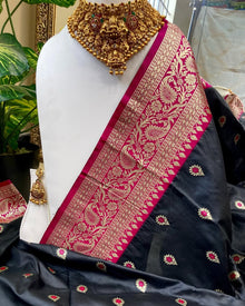 BLACK ART SILK SAREE WITH PINK CONTRAST BORDER