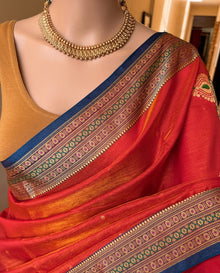 RED ORANGE SATIN SILK SAREE WITH BLUE BORDER
