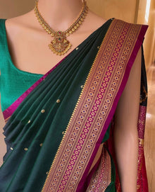 BOTTLE GREEN SATIN SILK SAREE WITH MAGENTA BORDER