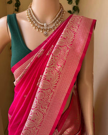RANI PINK ART SILK SAREE WITH SILVER GOLD ZARI BORDER