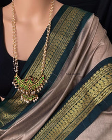 ASH COTTON SILK SAREE WITH GREEN BORDER.