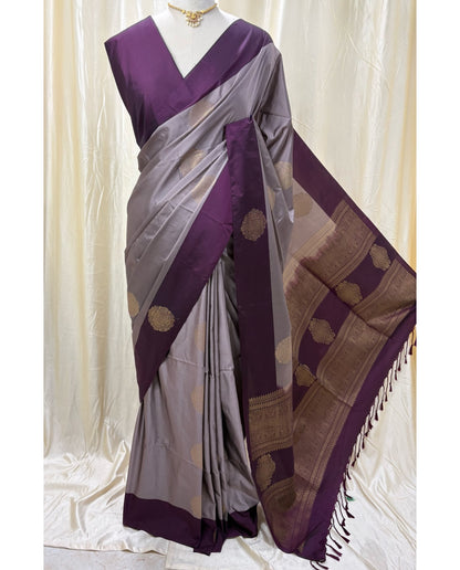 Ash soft silk saree with magenta border.