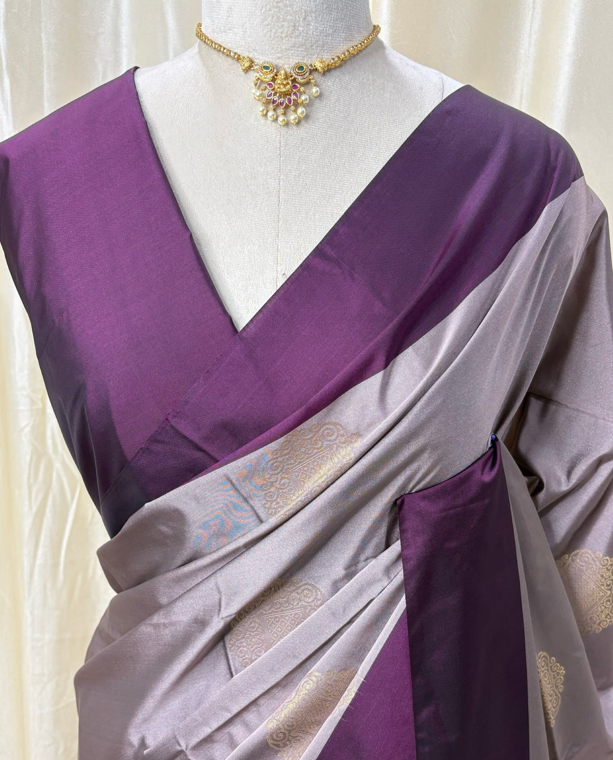 Ash soft silk saree with magenta border.