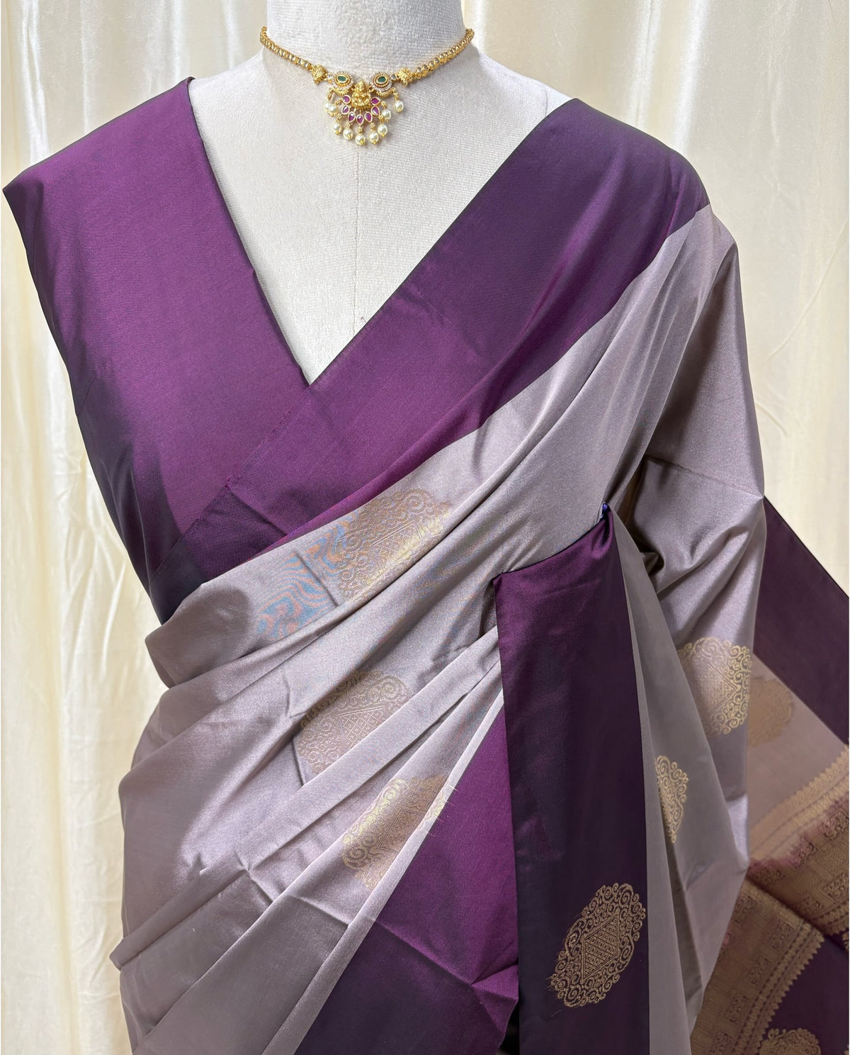 Ash soft silk saree with magenta border.