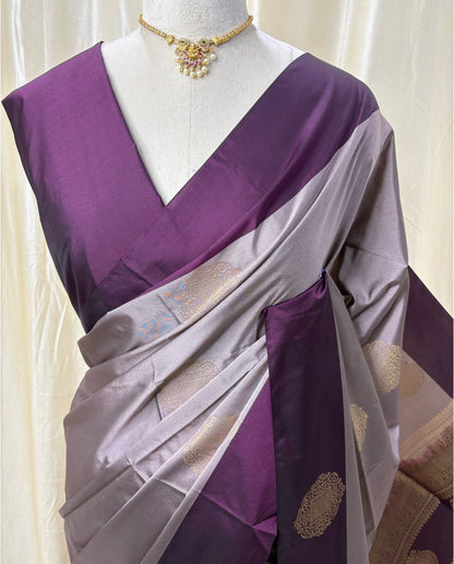Ash soft silk saree with magenta border.