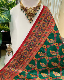 BOTTLE GREEN BANARASI ART SILK SAREE WITH RED BORDER