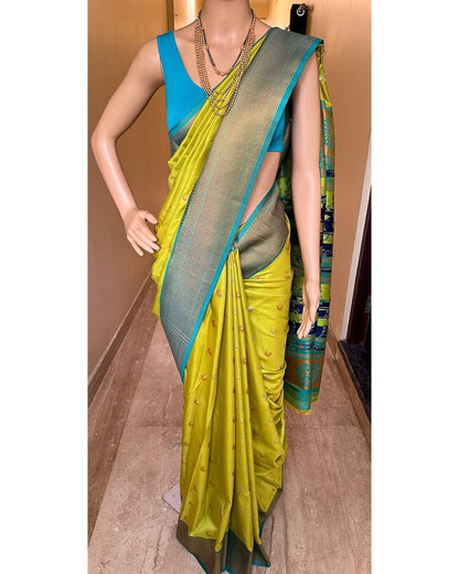 PEAR GREEN CHANDRAKOR ART SILK SAREE WITH TEAL BLUE BORDER