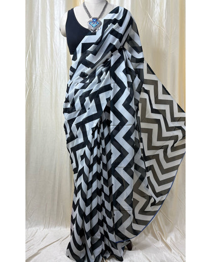 Black and white zigzag georgette saree.