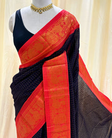 Black kattam sungudi cotton sarees with red orange border.