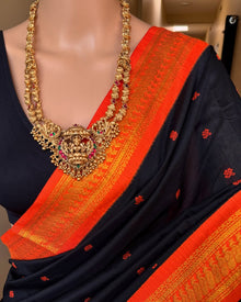 BLACK COTTON SILK SAREE WITH TRADITIONAL ORANGE BORDER