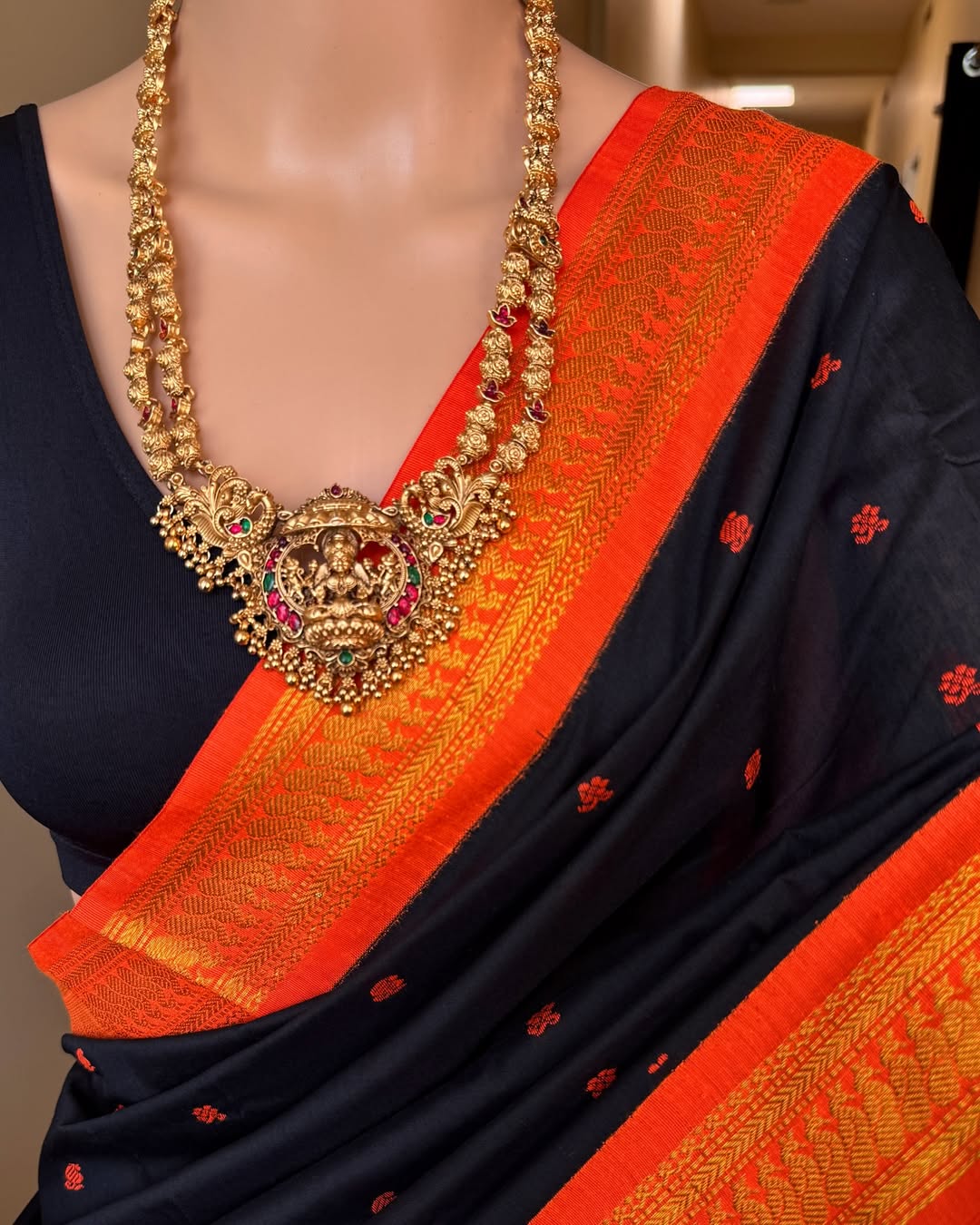 BLACK COTTON SILK SAREE WITH TRADITIONAL ORANGE BORDER