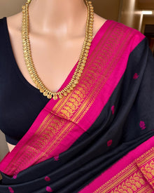 BLACK COTTON SILK SAREE WITH TRADITIONAL PINK BORDER