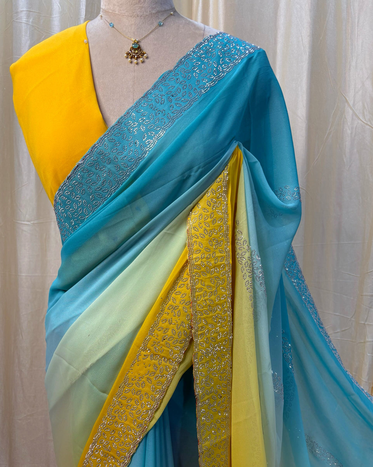Blue yellow half and half georgette saree